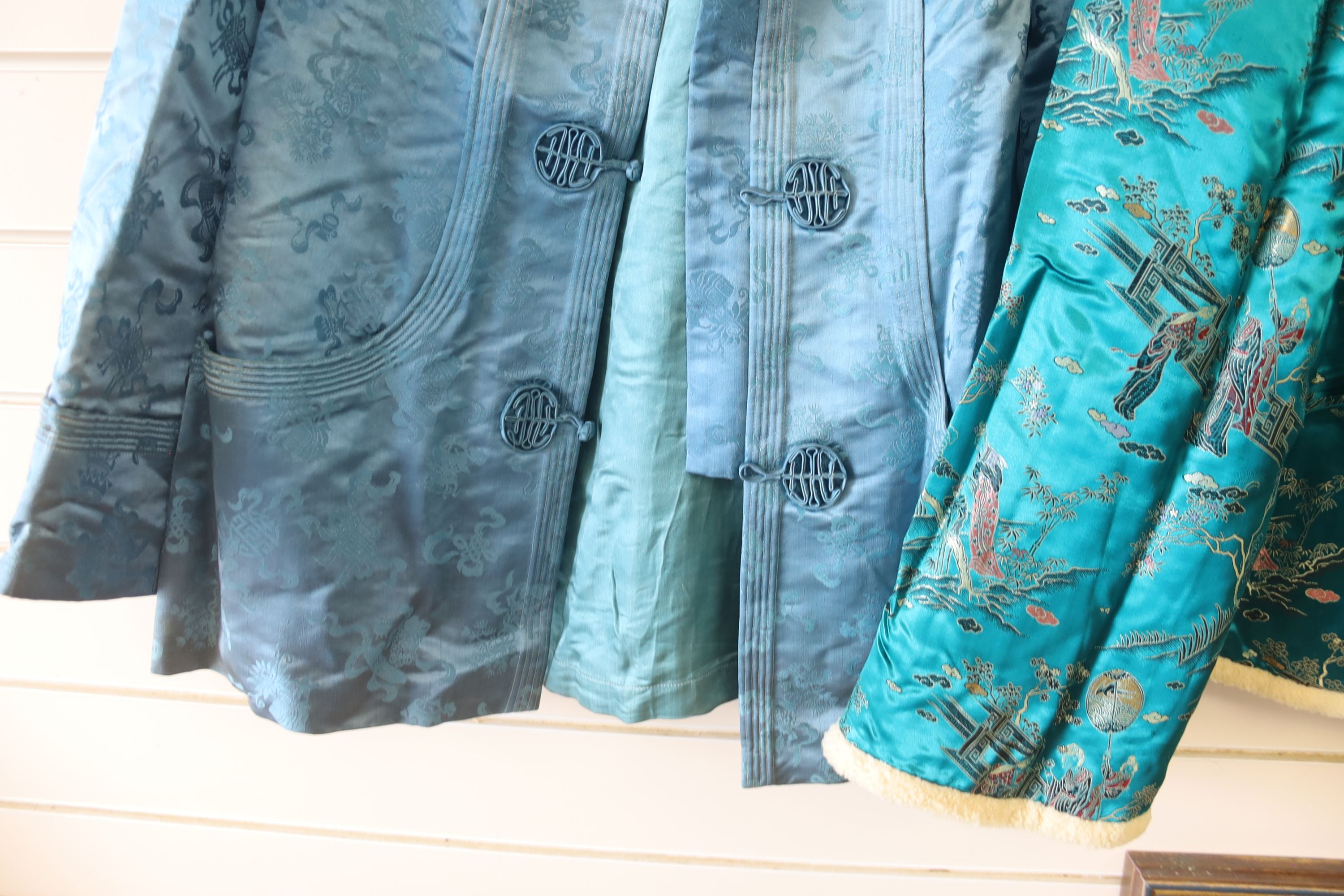 A Chinese turquoise silk damask Chinese robe / jacket, length 67cm, and a later 1940's coloured brocade jacket